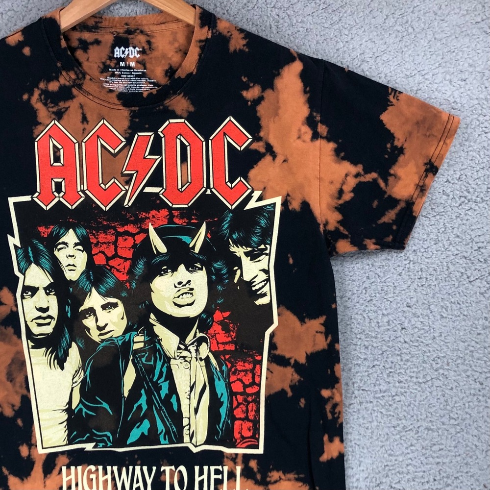 ACDC Highway to Hell T Shirt Mens Medium Black Orange Bleach Tie Dye Graphic Tee - Picture 5 of 6
